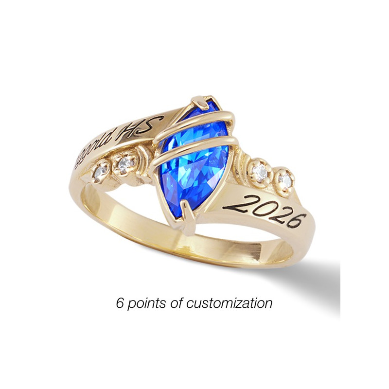 Bague commémorative personnalisée S56 Chanté Jostens en or avec pierre centrale marquise bleue et gravures