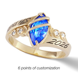 Bague commémorative personnalisée S56 Chanté Jostens en or avec pierre centrale marquise bleue et gravures