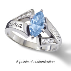 Bague commémorative personnalisée S60 Serenity Jostens en argent avec pierre marquise bleu clair et gravure Sophia