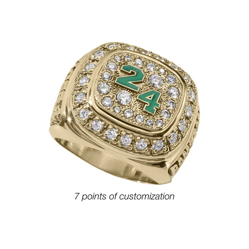 Bague de champion personnalisée en or avec diamants véritables et numéro 24 émaillé vert style championship ring